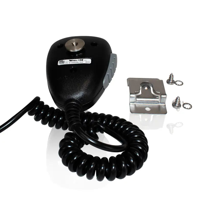 Black microphone with coiled cord for Whelen 295SLSA6 light controller used by first responders