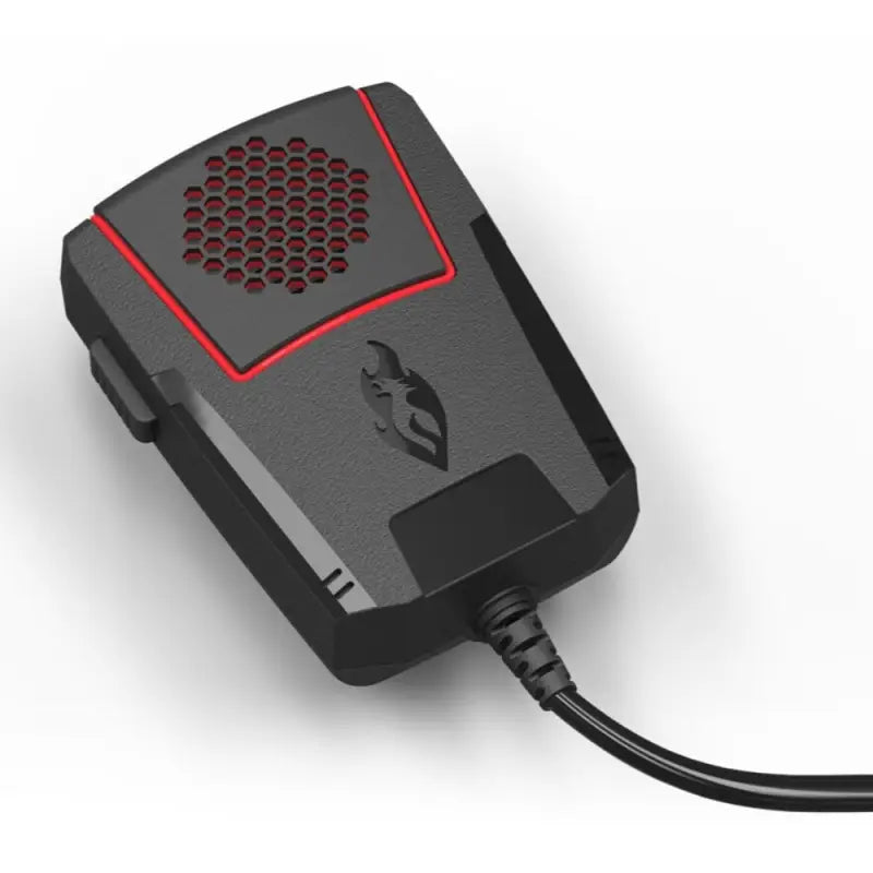 Black gaming microphone with red accents for Feniex Storm Pro 200W Siren gaming setup