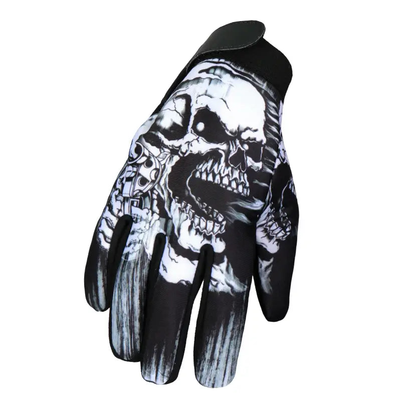 Black motorcycle glove with white skull design from Hot Leathers GVM3004 Men’s Black Assassin Textile