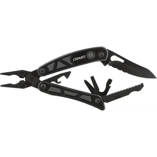 Black COAST LED155 Dual LED Multi Tool with pliers, knife blade, and attachments