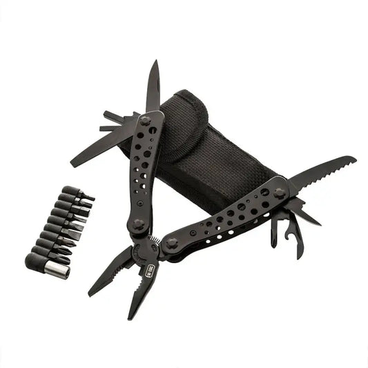 Black M-Tac Multitool Type 1 with pliers and screwdriver bits in a rubber case