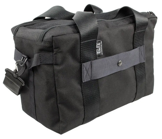 Black nylon duffle bag with straps and pockets, ideal as an Elite Range Bag