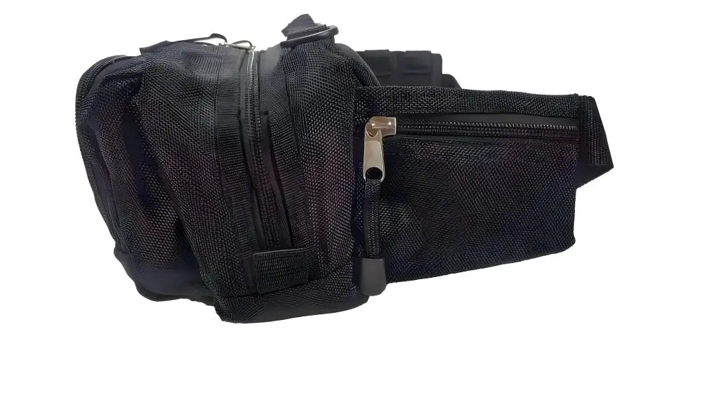 Black nylon fanny pack EMT with multiple zippered compartments for paramedic use