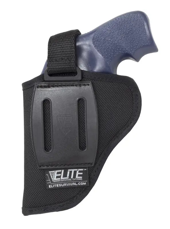 Black nylon Duratek Belt Holster featuring Elite brand label for Colt Python and Ruger GP100