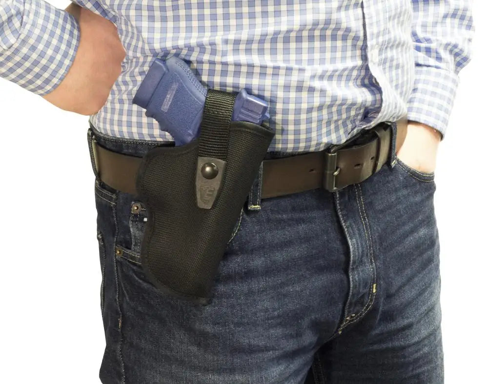 Black nylon hip holster on leather belt for Duratek Belt Holster, fits Colt Python and Ruger GP100