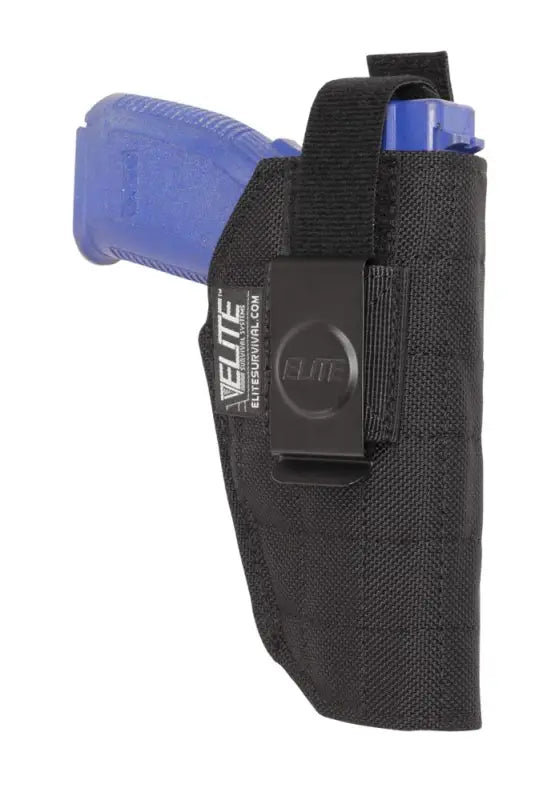 Black nylon hip holster for Sig Sauer, Springfield Armory, or Ruger LCP with blue grip