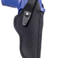 Black nylon Duratek Belt Holster with blue training pistol for Colt Python King Cobra