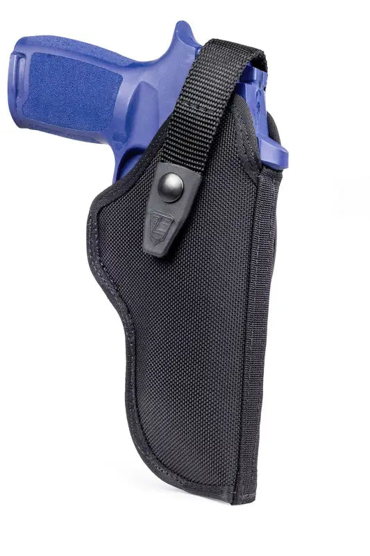 Black nylon Duratek Belt Holster with blue training pistol for Colt Python King Cobra