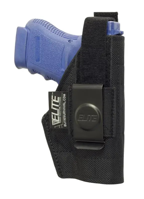 Black nylon Inside the Pant Clip Holster with a blue handgun, ideal for Ruger LCP