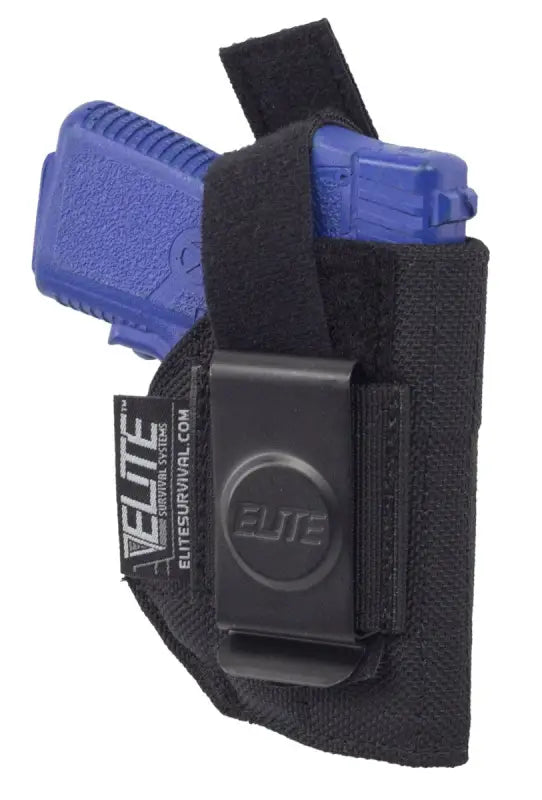 Black nylon Inside the Pant Clip Holster with Elite logo holding a Ruger LCP handgun