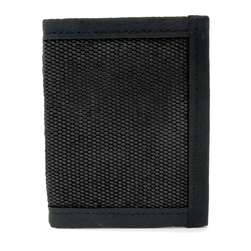 Black nylon mesh tri-fold wallet with elastic trim in Coyote Combat Leather design