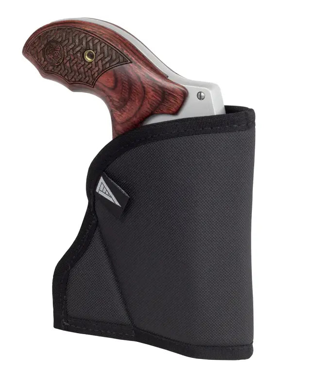 Black nylon pocket holster featuring a wooden-gripped revolver handle for S&W Bodyguard