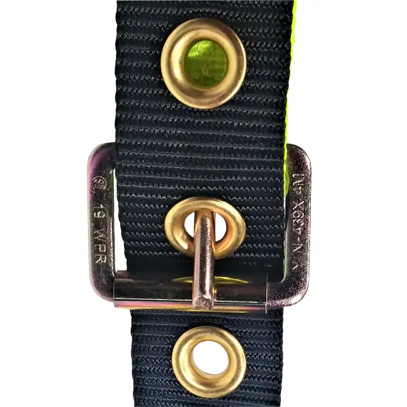 Black nylon strap with metal buckle and grommets on 3D Fall Protection Safety Tower Harness