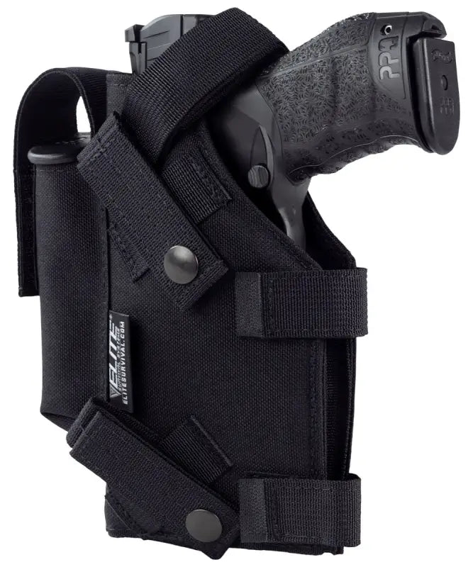 Black nylon tactical MOLLE holster with adjustable straps for large frame autos