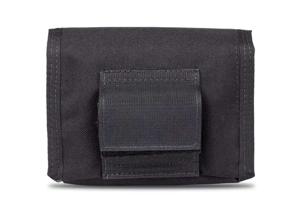 Black nylon tactical concealed carry pouch with MOLLE-style attachment straps