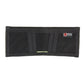 Black nylon tri-fold wallet with red logo patch for unfolded bills and card slots