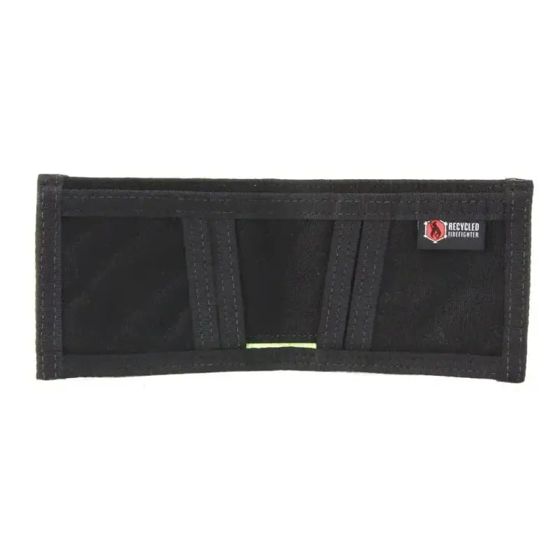 Black nylon tri-fold wallet with red logo patch for unfolded bills and card slots