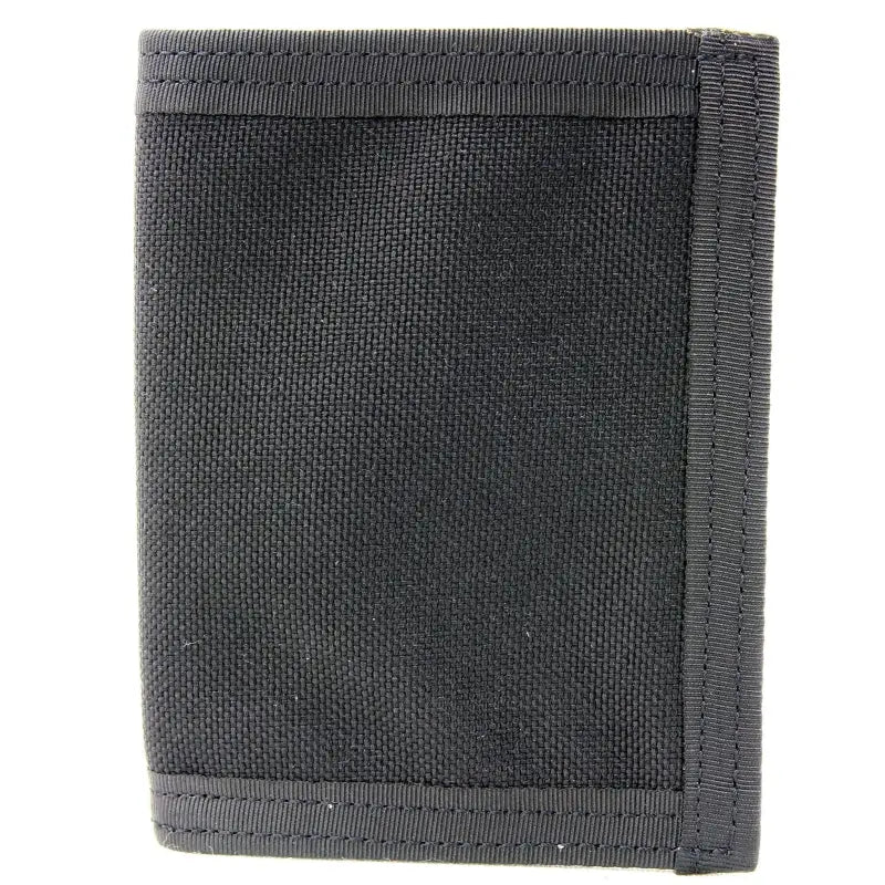 Black nylon trifold wallet with textured fabric in Coyote Combat Leather design