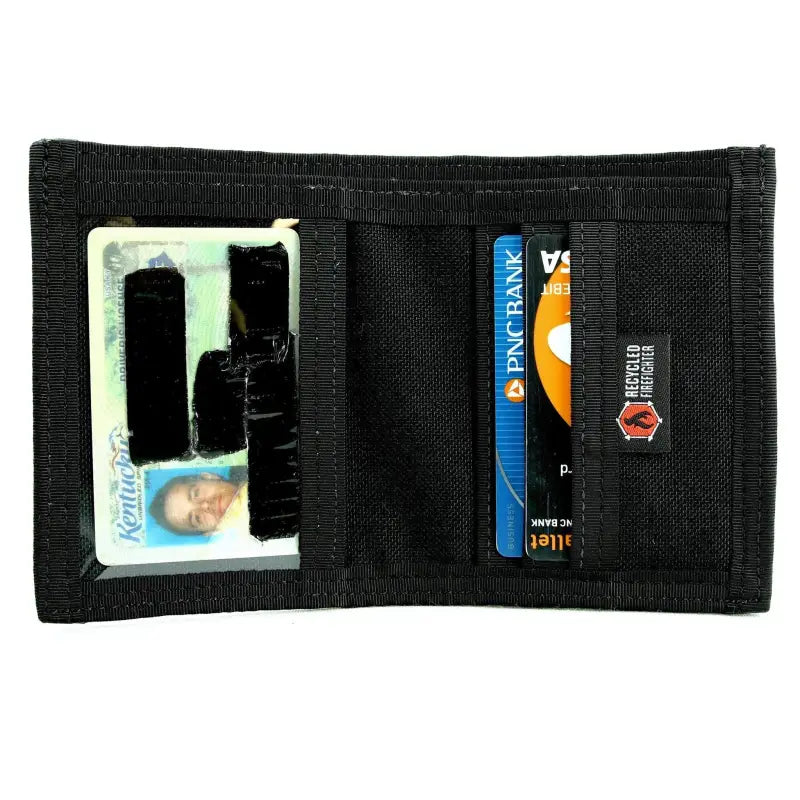 Black nylon wallet with ID window and credit card slots in Coyote Combat Leather