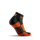 Black and orange MudGear Quarter crew socks with striped design for trail running