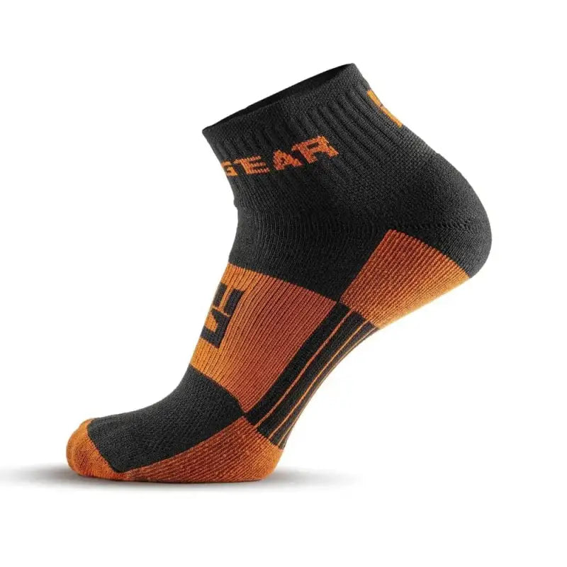 Black and orange MudGear Quarter trail sock featuring performance cushioning for comfort