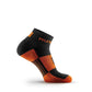 Black and orange MudGear Quarter athletic ankle sock with cushioned zones for trail running