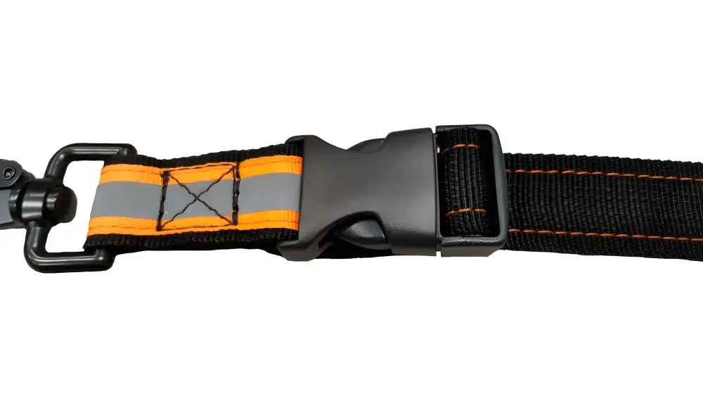 Black and orange reflective dog collar featuring highly reflective nylon webbing from Firefighter Gloveleash