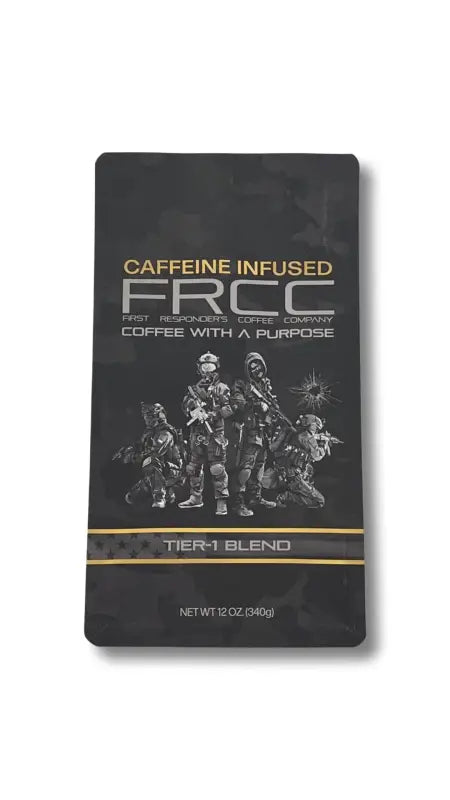 Black package of 12oz Tier-1 Blend featuring military silhouettes and Brazilian coffee