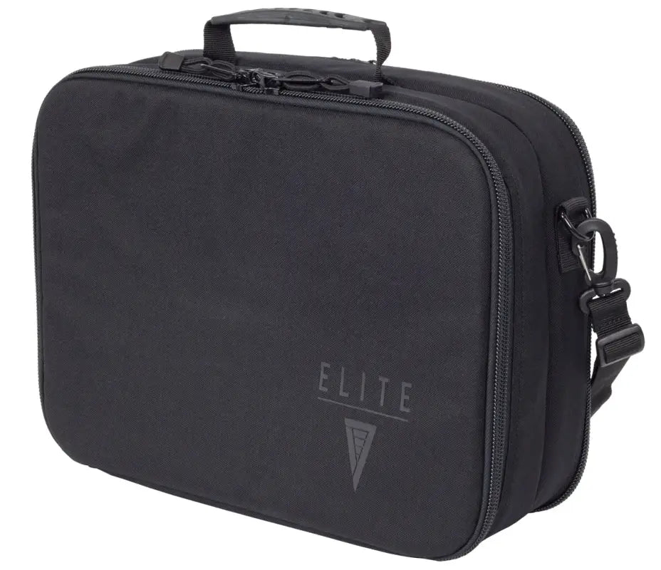 Black padded range bag featuring ELITE branding and shoulder strap for four gun pistol travel