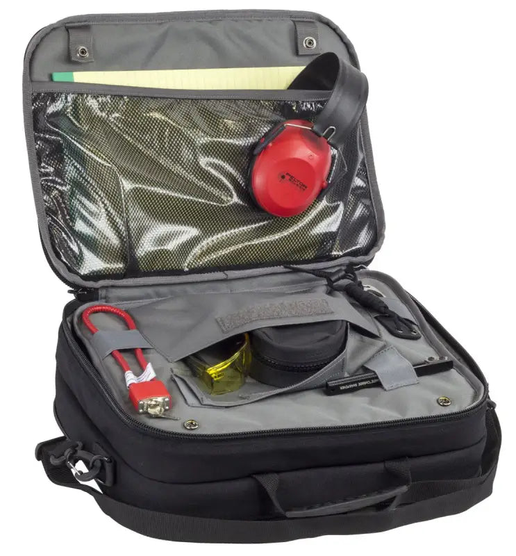 Black padded Four Gun Pistol Pack Range Bag with compartments and clear storage panel