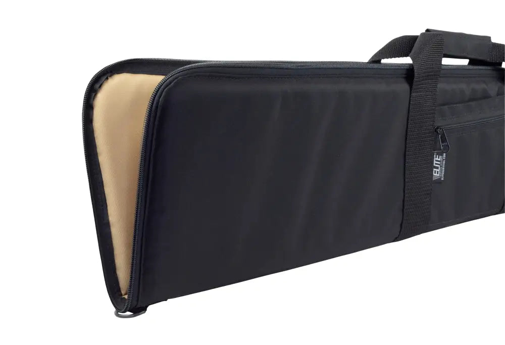 Black padded rifle case with tan interior lining for secure storage and transport