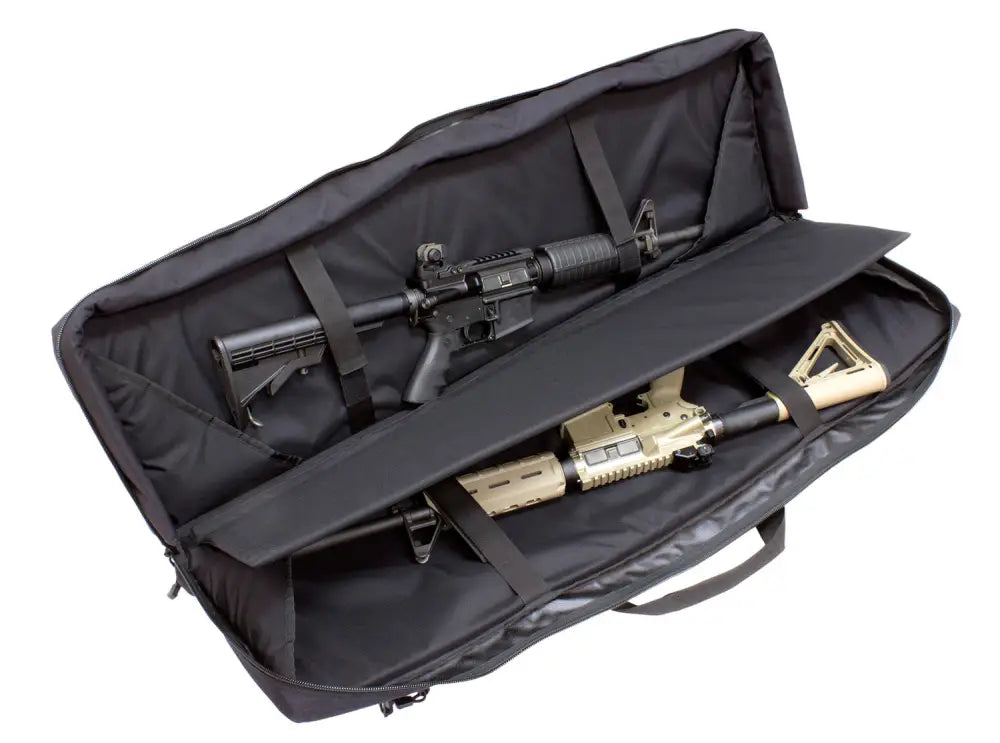 Black padded Assault Systems Double Agent rifle case holding two tactical rifles with scopes