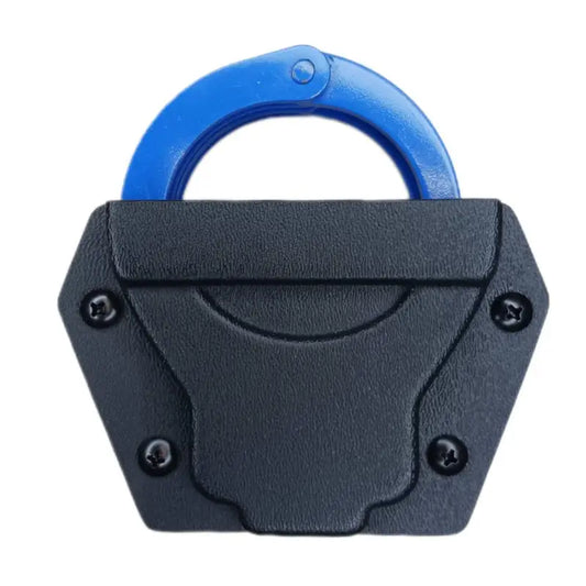 Black padlock with blue handle for secure attachment on Handcuff Carrier MOLLE clip