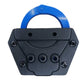 Black padlock with blue handle for secure belt attachment on Handcuff Carrier