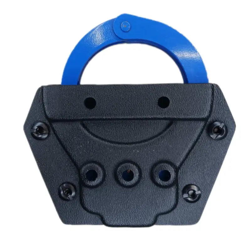 Black padlock with blue handle for secure belt attachment on Handcuff Carrier