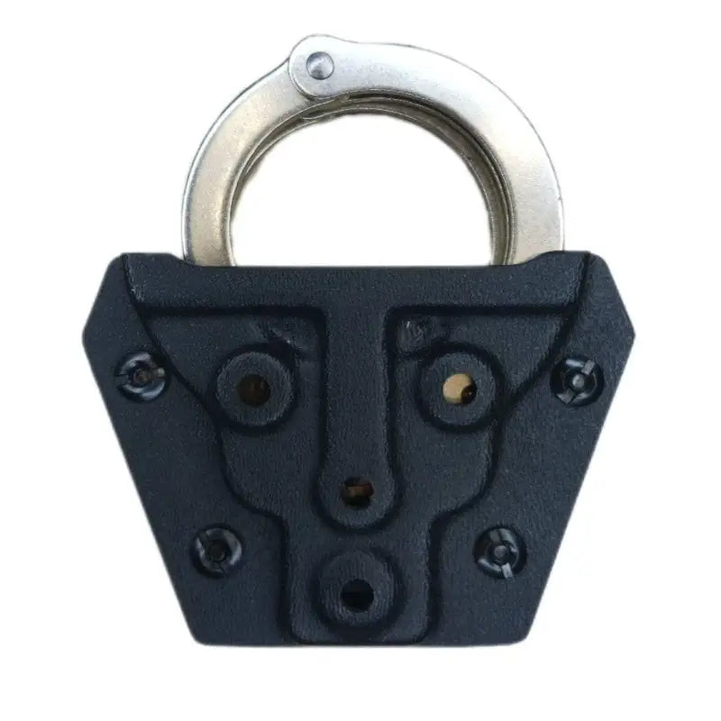 Black padlock with geometric design on a Handcuff Carrier with secure belt attachment