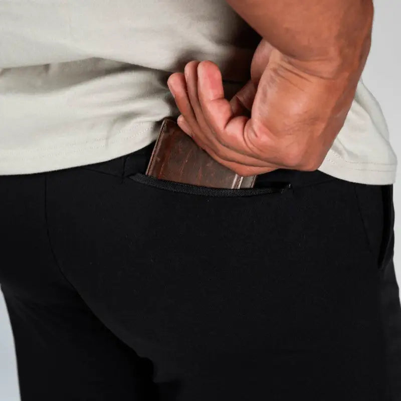 Black carrier shorts with concealed carry wallet pocket from Arrowhead Tactical Apparel