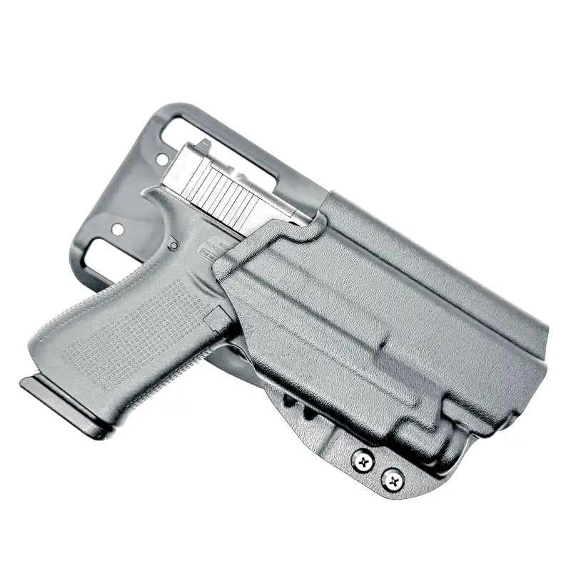 Black Glock 43X pistol with light mounted in a tactical holster for first responders