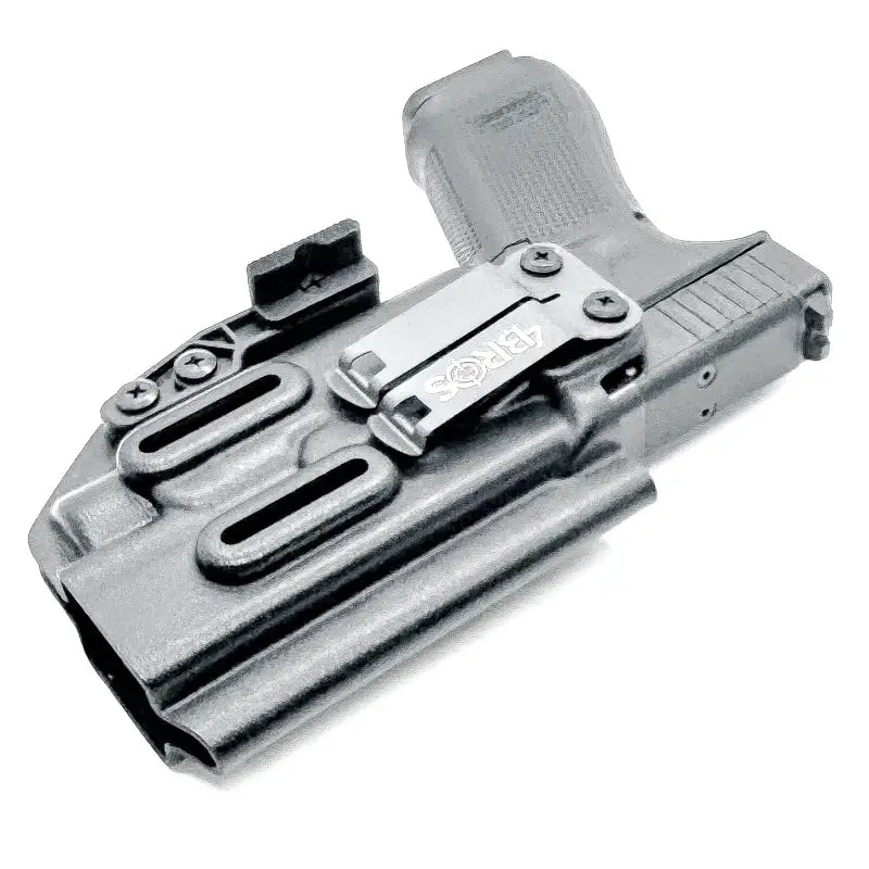 Black pistol holster for Glock 17 with Streamlight TLR-7 and light-mounted IWB holster retention
