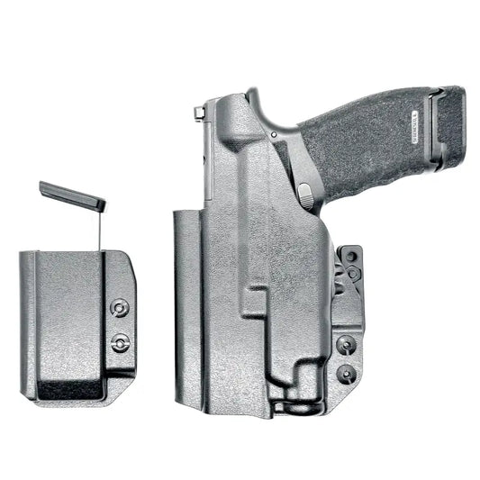 Black pistol holster with magazine carrier for Springfield Hellcat Pro and Streamlight TLR-7