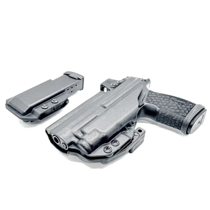 Black P365-FUSE pistol in holster with magazine carrier, fits Streamlight TLR-7, by Four Brothers