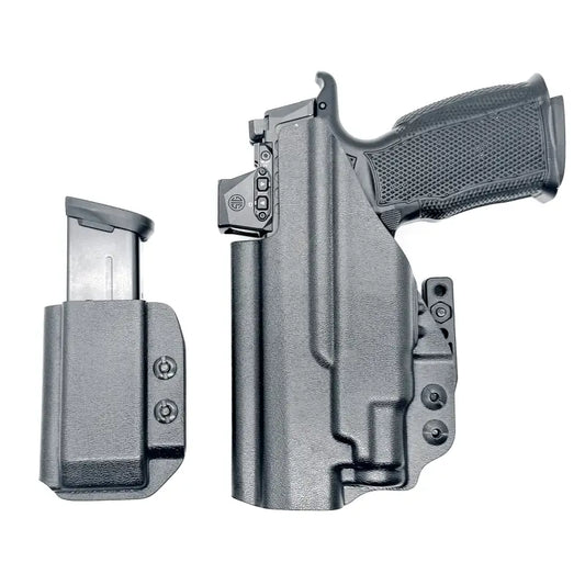 Black pistol in holster with magazine carrier for Sig P365-FUSE by Four Brothers Holsters