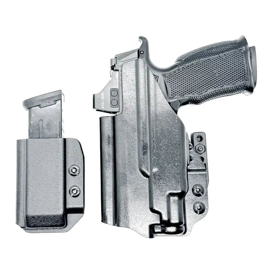 Black Sig P365-XMACRO pistol and magazine in Four Brothers Holsters IWB setup