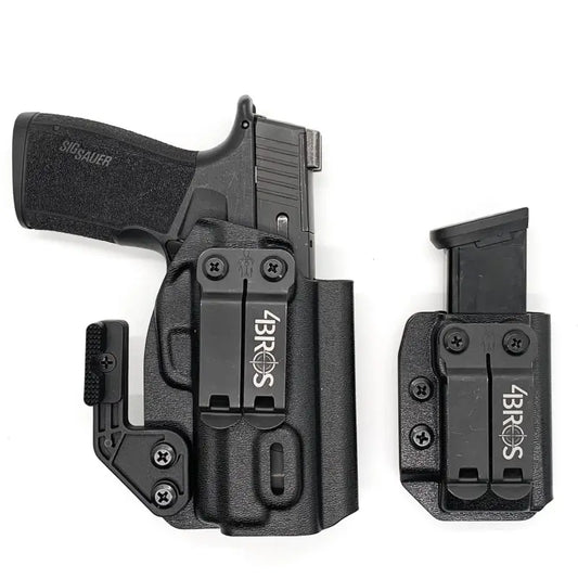 Black Sig P365-XMACRO gas pedal inside waistband holster with magazine carrier
