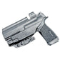 Black Sig Sauer P365-FUSE pistol with red dot sight in custom dark gray Kydex holster