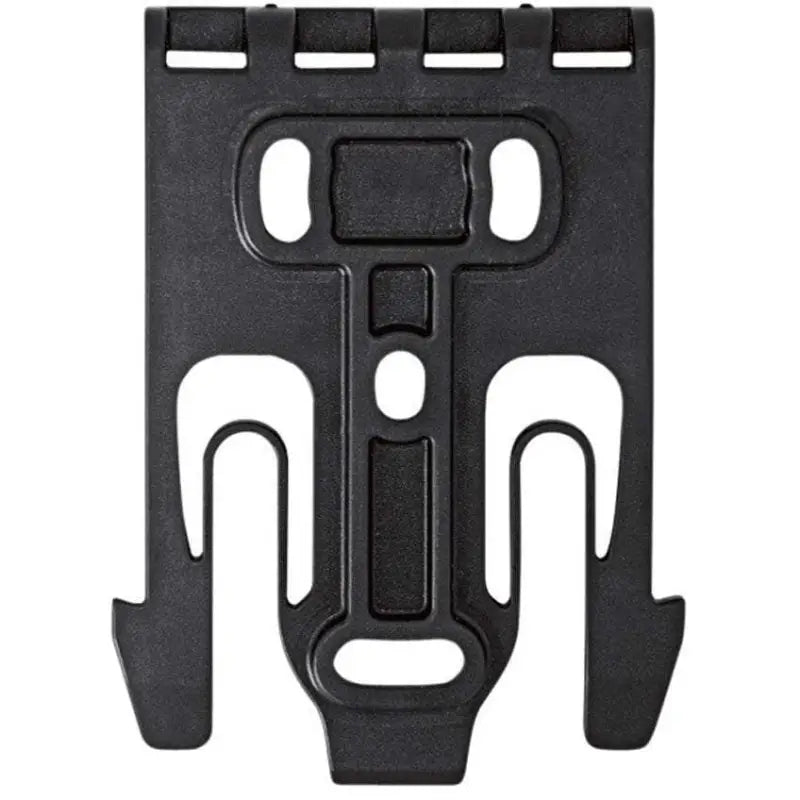 Black plastic QLS 19 quick locking holster fork mount with multiple slots and openings