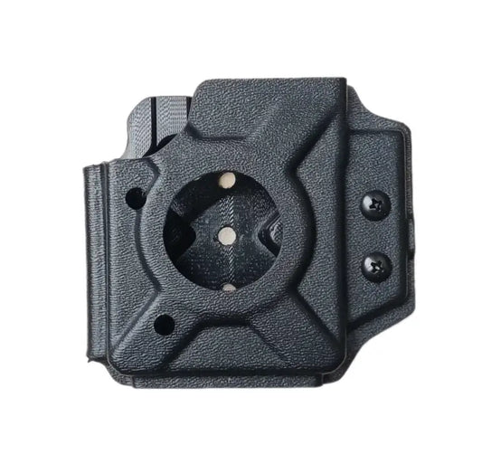 Black plastic mounting bracket for Axon 2 Body Cam Holder with circular opening