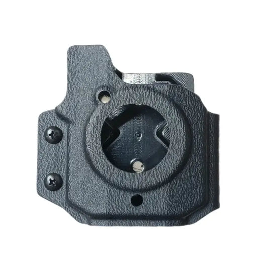Black plastic body cam holder with circular opening and screw holes for secure mounting