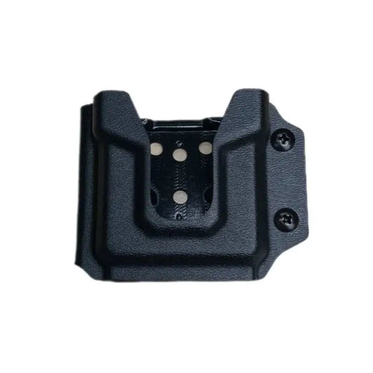 Black plastic mounting bracket for Motorola V300 body cam holder with screw holes