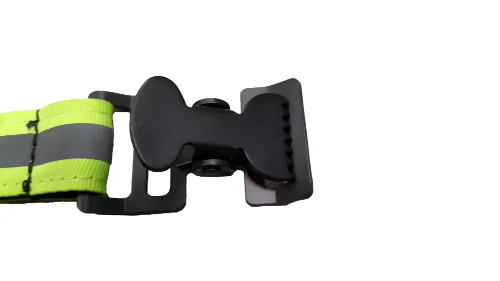 Black plastic buckle on highly reflective strap of Glovestrap 3 with powerful alligator clip